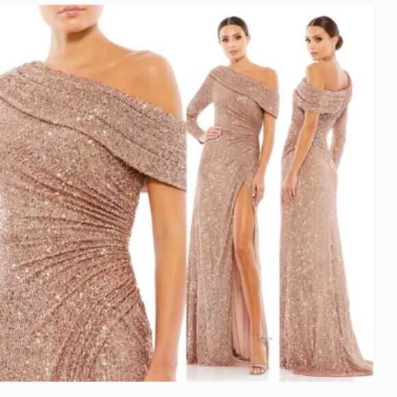 MAC DUGGAL 26571 SEQUINED DROP SHOULDER FAUX WRAP COPPER GOWN sz 4 - Picture 1 of 7